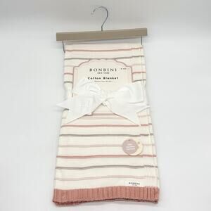 Bonbini Pink Knit 100% Cotton Pink & White Striped Baby Blanket NEW